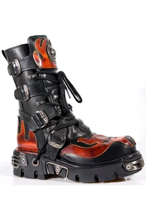 New Rock Flame geaccentueerde /rode leren biker-schedellaarzen - 107-S1
