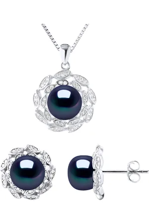 Diadema Finery ketting 9-10mm & Oorbellen FLOWER Zoet Water Parels 9-10mm Black 925