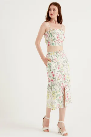 Bianco Lucci Witte Bloemen Voorkant Split Maxi Rok
