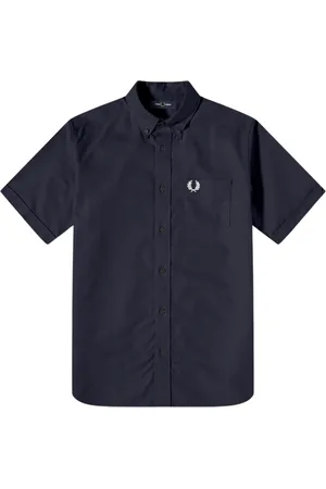 Fred Perry Effen marineblauw Oxford-shirt met korte mouwen