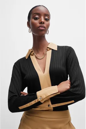 HUGO BOSS Vrouwen Elanty Geribde Blouse met Lange Mouwen in
