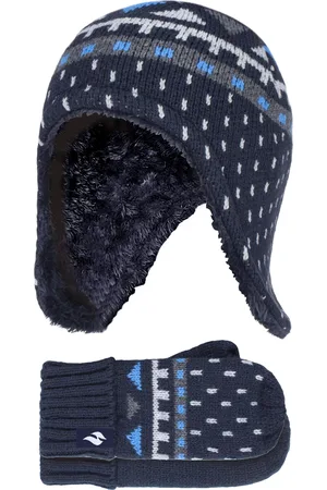 Heat Holders Jongens Nepbont Pom Pom Muts & Wanten - Marine