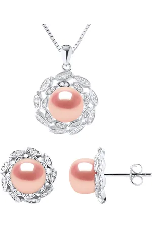 Diadema Versiering ketting en oorbellen FLOWER zoetwaterparels 9-10 mm Natural Rose 925