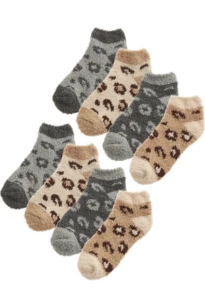Sock Snob 8 paar multiverpakking pluizige enkelsokken voor dames | Nieuwe sokken met dierenprint voor dames - / Beige