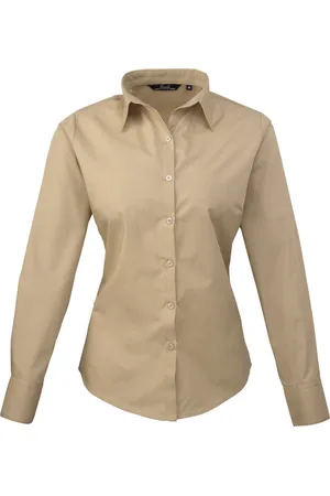 Premier Dames/dames Poplin Blouse met lange mouwen / Gewoon werk overhemd (Khaki)