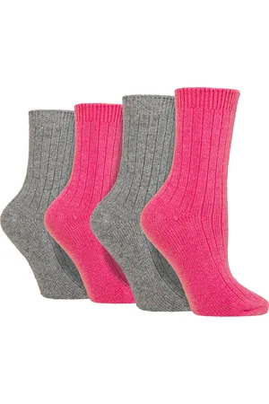 Wild Feet 4 Paar Dames Cashmere Boot Sokken | Ribgebreide Wollen Bed Sokken - Roze / grijs