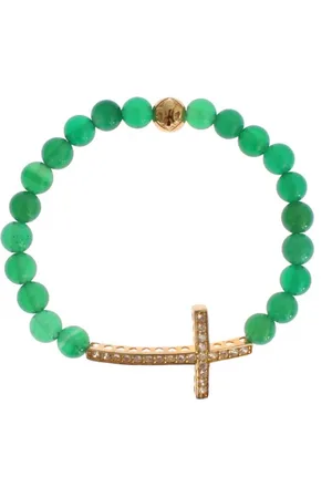 Nialaya Gouden Cz Cross Zilveren Armband Met Jade Steen