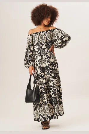 Gini London Bardot maxi-jurk met mono-randprint