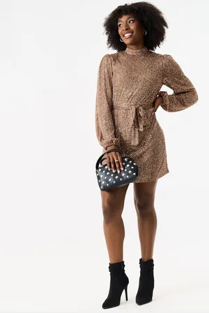 Gini London Jurk met hoge hals en lange mouwen met pailletten en riem