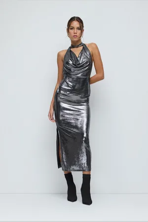 No Matter What Apparel Glanzende Slim Fit Zijdelingse Split Rok in Fel Stof