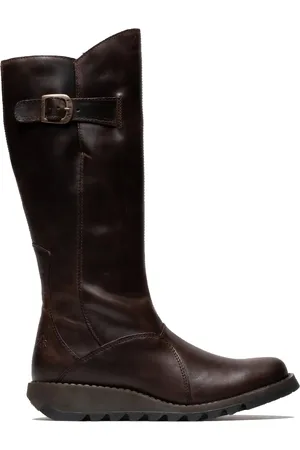 Fly London Dames Bruine MOL 2 Leren Wedge Heel Kniehoge Rits Laarzen