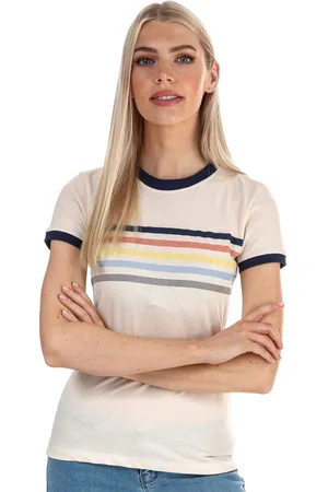 Brave Soul Rainbow T-shirt met contrasterende bies voor dames, crèmekleur
