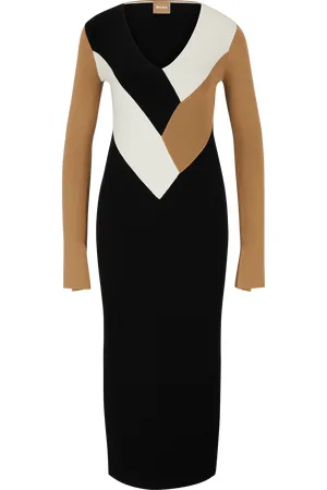 HUGO BOSS Dames Jurk Florency Geribde Lange Mouw Midi Dress in Multi kleur