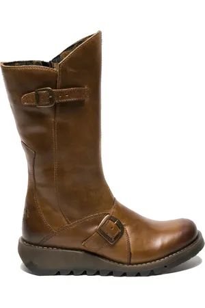 Fly London Dames MES 2 Wedge Heel Buckle Mid-Calf Leren Zip Platform Laarzen