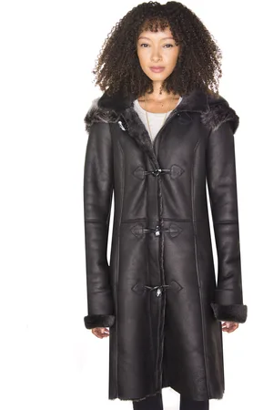 Infinity Dames zwarte schapenvacht duffelcoat met capuchon-Ottawa