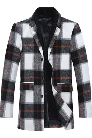 Allthemen Heren lange slim fit geruite winter dikke jas met sjaalkraag