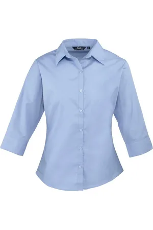 Premier Dames/Dames Poplin 3/4 Mouw Shirt (Middenblauw)