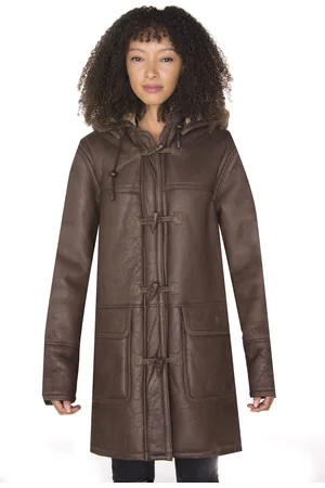Infinity Dames bruine schapenvacht leren duffelcoat met capuchon-Charlotte