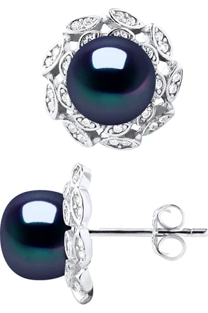 Diadema Stud Oorbellen FLOWER Beads Freshwater 89mm Zwarte Knopen Jewelry 925