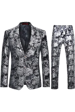 Allthemen Elegant zilverkleurig slim-fit 2-delig pak met bloemen - Stijlvol