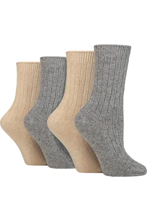 Wild Feet 4 Paar Dames Cashmere Boot Sokken | Ribgebreide Wollen Bed Sokken - Grijs / zand