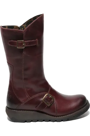 Fly London Dames Wijn MES 2 Wedge Heel Buckle Mid-Calf Leren Zip Platform Laarzen