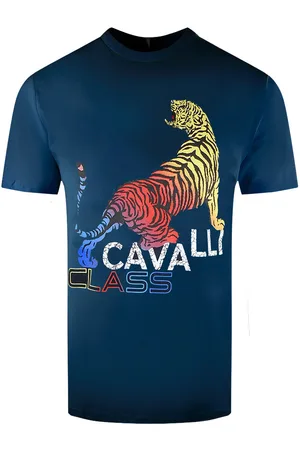 Roberto Cavalli Gedurfd marineblauw T-shirt met tijgerontwerp