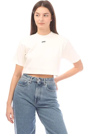 OFF-WHITE Vrouwen Off White Stamp Ribbed Cropped T-shirt in Wit Zwart