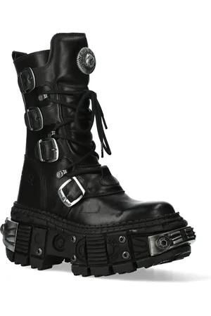New Rock Zwarte halfhoge lederen Goth-laarzen-WALL1473-S11