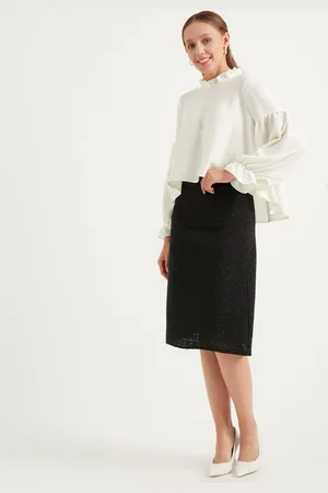 HERITA Zwarte Tweed midi kokerrok