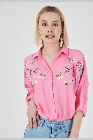 Bianco Lucci Herita Linnen Shirt met Geborduurde Madeliefjes Motieven op de Mouwen voor Vrouwen