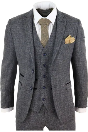 PAUL ANDREW Heren 3-delig marineblauw tweed geruit vintage retro pak