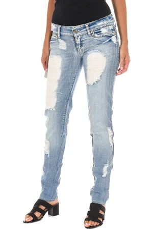 Met Lange denim broek gescheurd effect en chiffon D012929-D024 vrouw