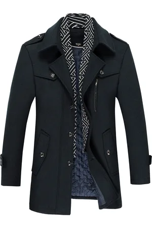 Allthemen Heren winter verdikte effen kleur revers casual wollen jas met gestreepte kraag Kameelblauw