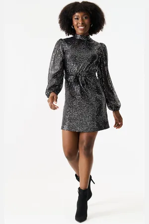 Gini London Jurk met hoge hals en lange mouwen met pailletten en riem
