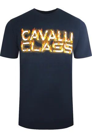 Roberto Cavalli Marineblauw T-shirt met Cavalli-klasse vlammend logo