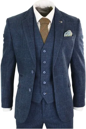 Infinity Heren 3-delig marineblauw tweed visgraat vintage klassiek pak