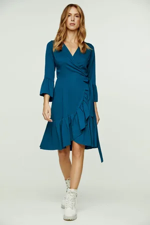 Conquista Petrol Wrap Dress Viscose met klokmouwen.