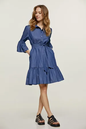 Conquista Denim Jurk met Klokmouwen en Ruches