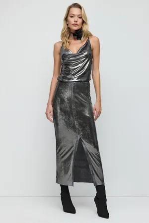 No Matter What Apparel Glanzende Slim Fit Voorkant Split Rok