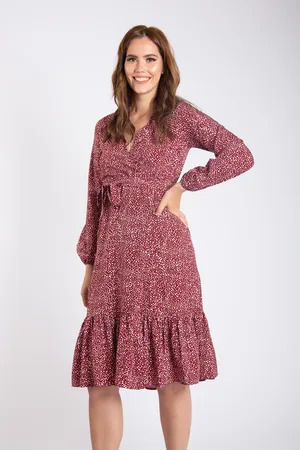 Gini London Bourgondische dierenprint lange mouw taille stropdasjurk