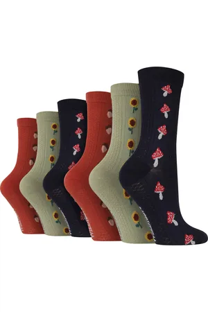 Wild Feet 6 Paar Multipack Dames Gebreide Boot Sokken - Herfst Sokken - Paddestoel