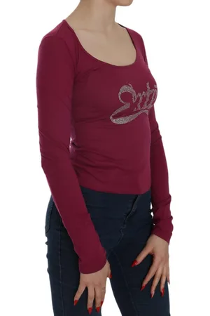 Exte Tsh3911 Dames Rhinestone Logo Lange Mouw Bourgondie Tshirt