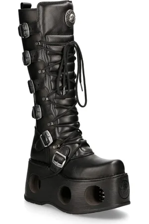 New Rock M-272-S2 Neptuno Metallic Kniehoge Zwarte Leren Gothic Laarzen