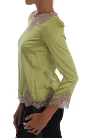 Dolce & Gabbana Lime Groene Zijden Kanten Trim Blouse