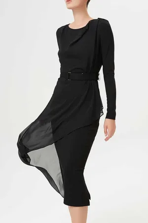Smart & Joy Asymmetrische gemonteerde jurk Mixing Chiffon en Jersey