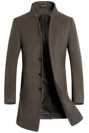 Allthemen Winterjas voor heren, dik, casual, warm, effen kleur, opstaande kraag, lange wollen jas, kameel