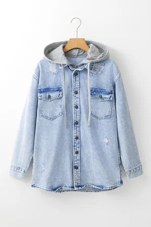 Azura Exchange Mist Blue Overized Contrasterende Hoodie Denim Jas