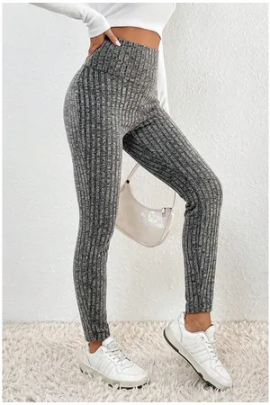 Azura Exchange Grijze Brede Tailleband Geribbelde Textuur Gebreide Leggings