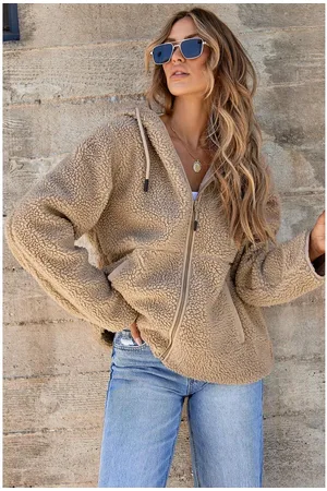 Azura Exchange Lichte Khaki Fleece Zip-up Hoodie met Trekkoord en Zakjes